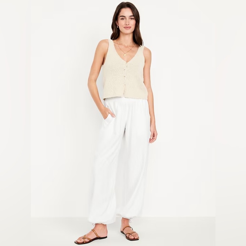 NWT! Old Navy Calla Lily White Mid-Rise Linen-Blend Harem Pants - Small Tall 🩷